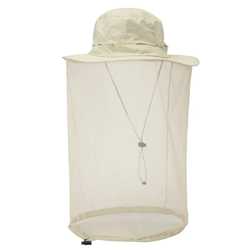Anti-mosquito fishing hat for men and women, nylon wide brim in khaki, flat top design, one size