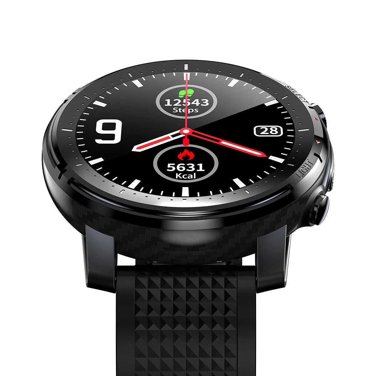 Black or red Android smart watch with round IP68 waterproof dial and silicone strap
