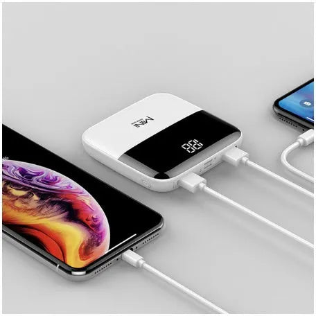 Digital display power bank with LCD screen showing battery level, compact plastic design, available in black
