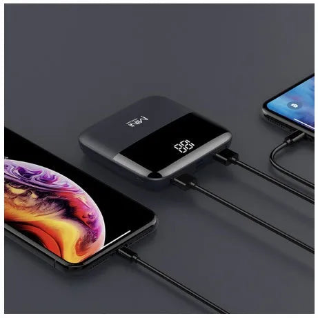 Digital display power bank with LCD screen showing battery level, compact plastic design, available in black