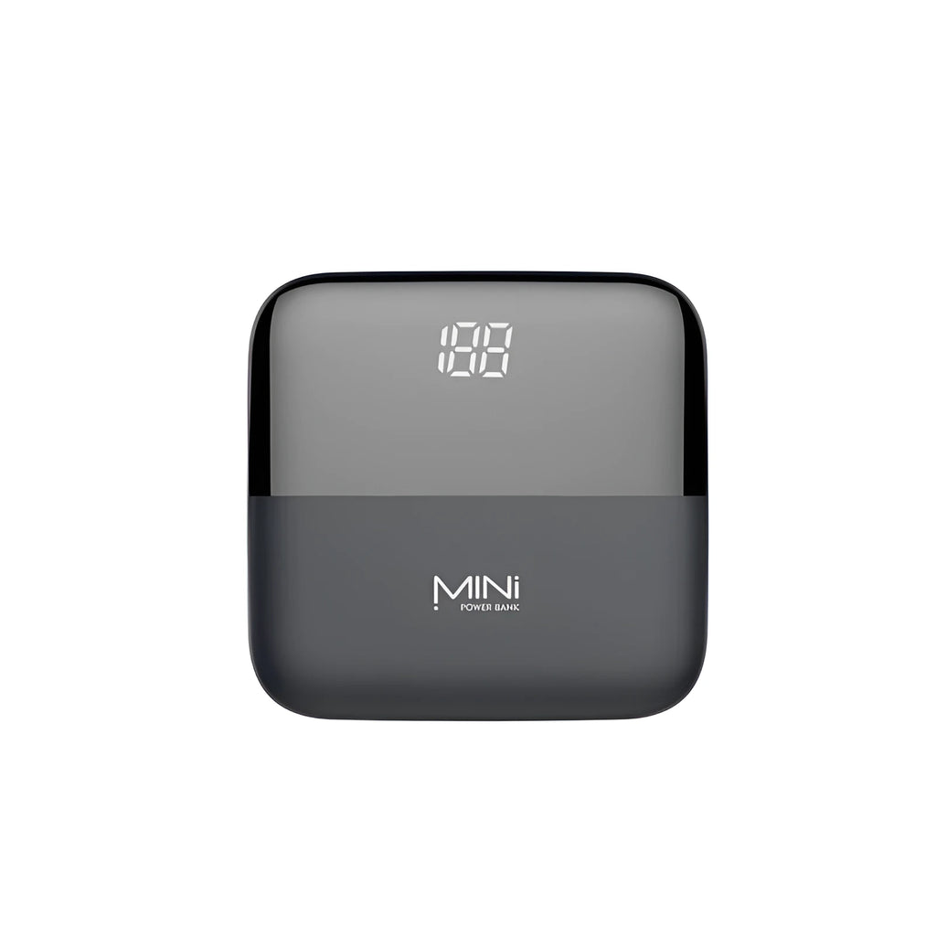 Digital display power bank with LCD screen showing battery level, compact plastic design, available in black