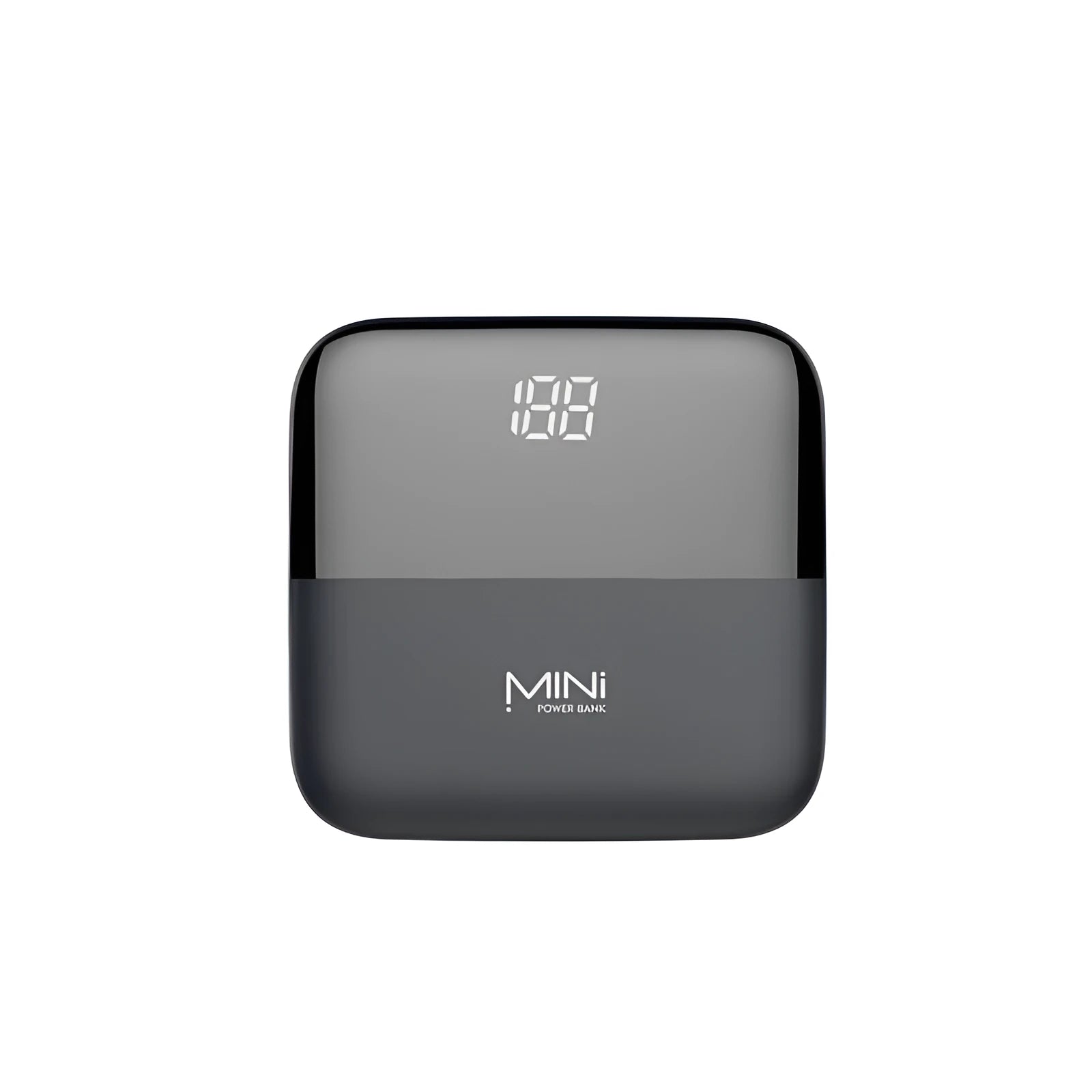 Digital display power bank with LCD screen showing battery level, compact plastic design, available in black