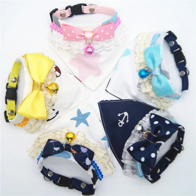 Detachable bow tie dog collar in geometric cloth, sizes S M L, shown in pink blue yellow sky blue and blue peach heart