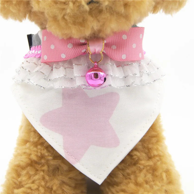 Detachable bow tie dog collar in geometric cloth, sizes S M L, shown in pink blue yellow sky blue and blue peach heart