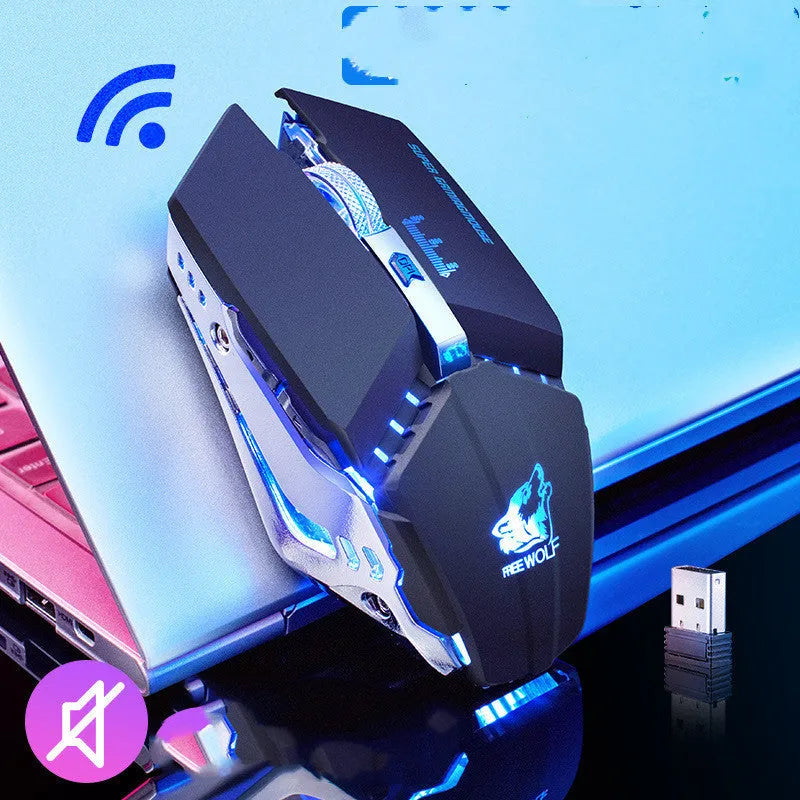 Black rechargeable wireless gaming mouse with six buttons on a desk.