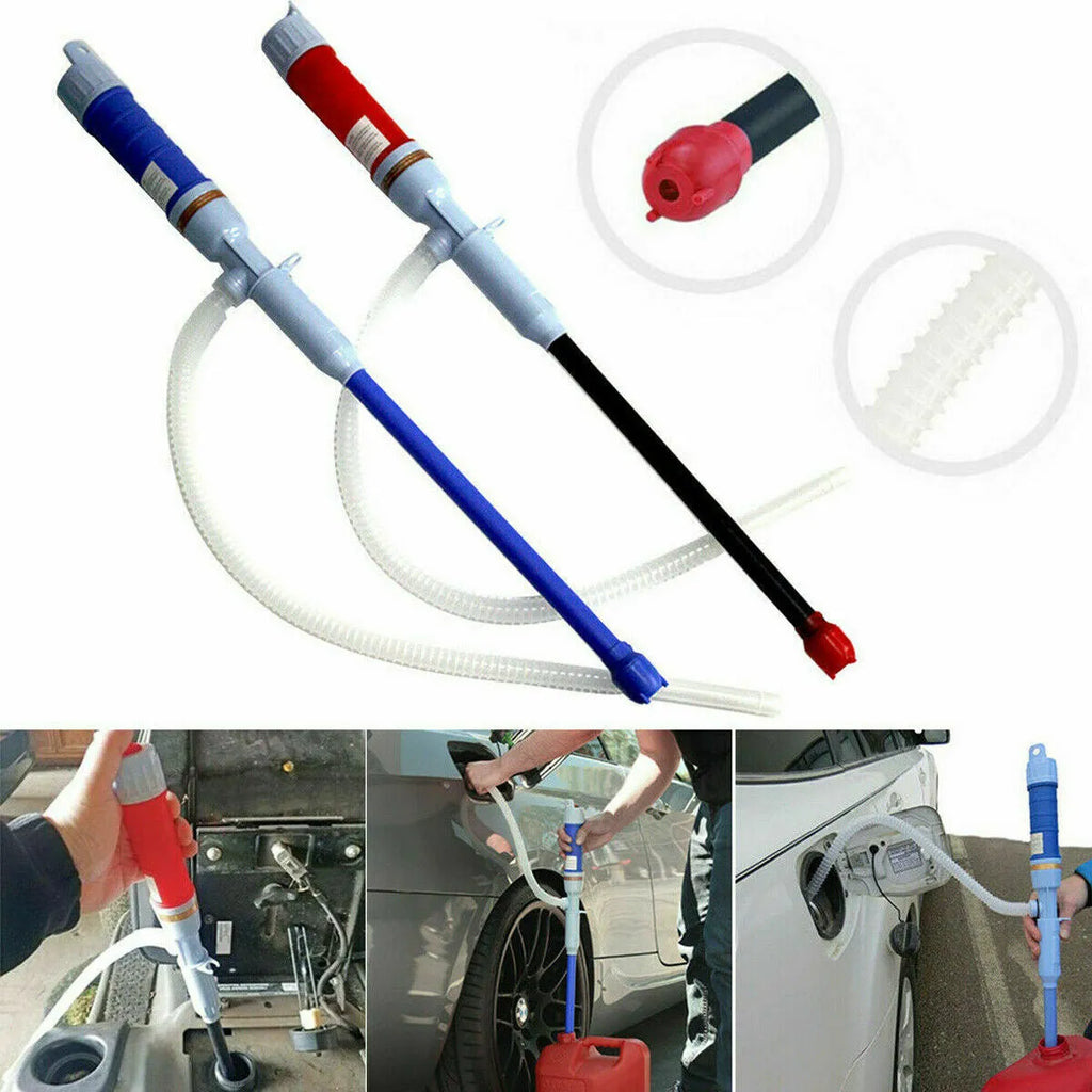 Blue and red manual hand siphon pump for fuel and liquid transfer.