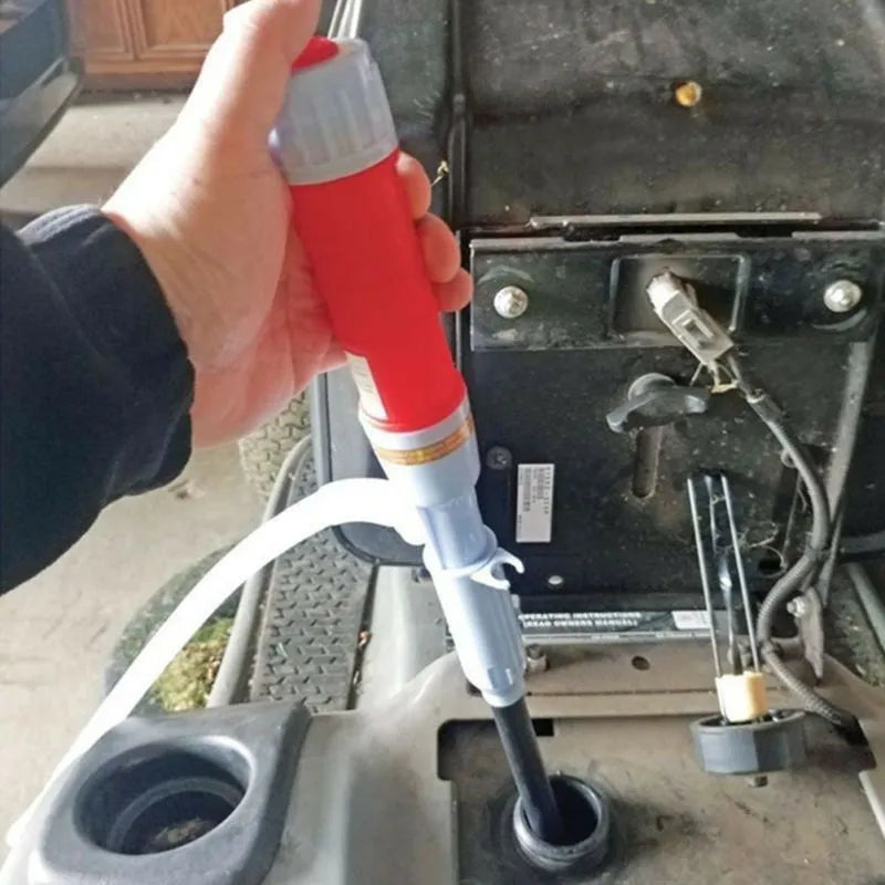 Blue and red manual hand siphon pump for fuel and liquid transfer.