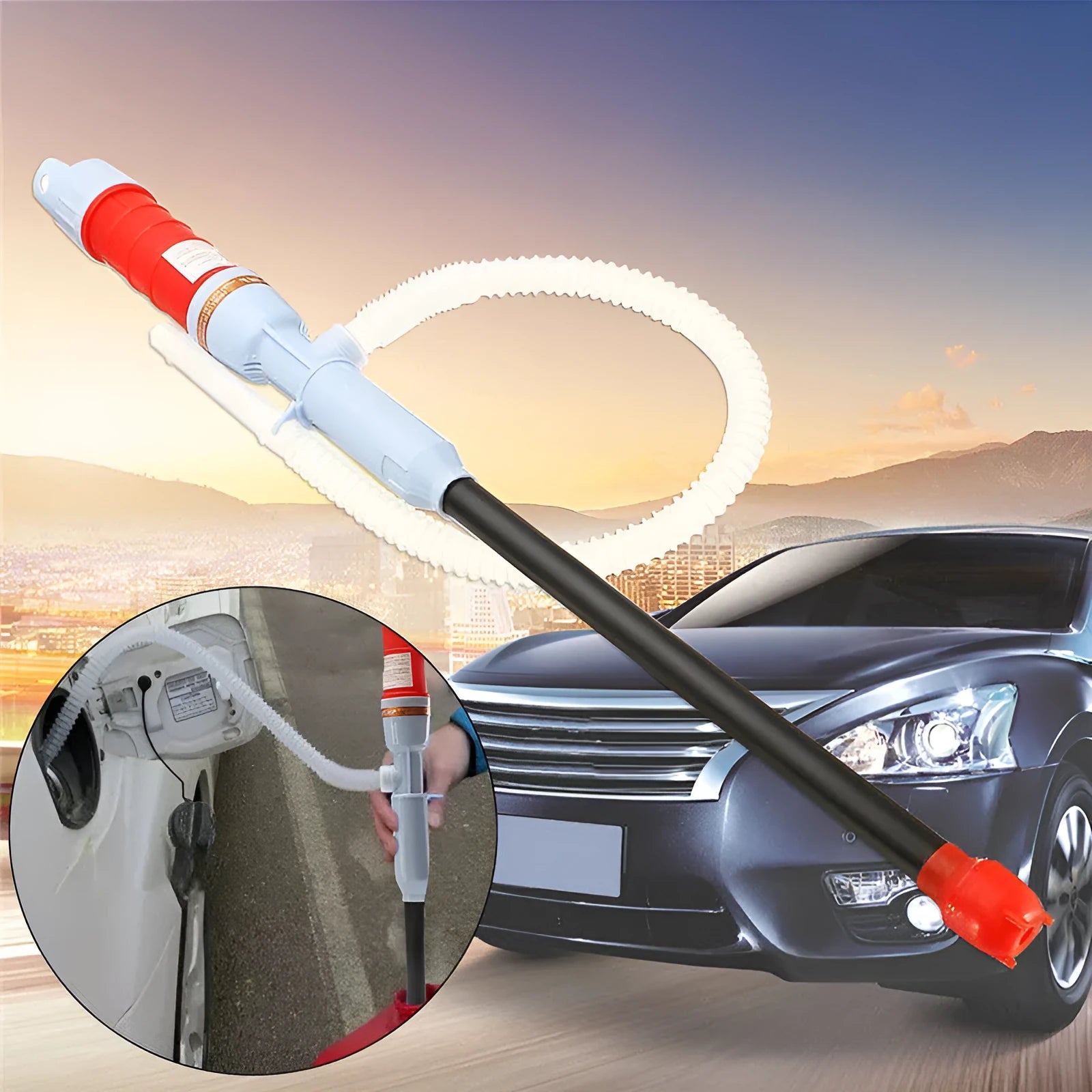 Blue and red manual hand siphon pump for fuel and liquid transfer.