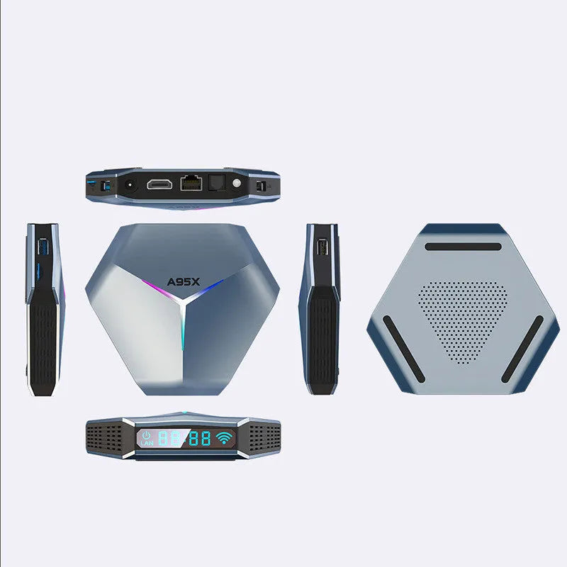 Android TV set-top box for 8K streaming with dual-band WiFi and remote control.