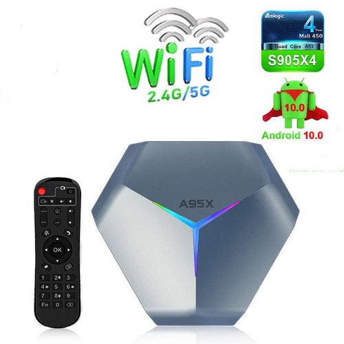 Android TV set-top box for 8K streaming with dual-band WiFi and remote control.