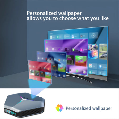 Android TV set-top box with remote control, HDMI cable, and international power adapter options.