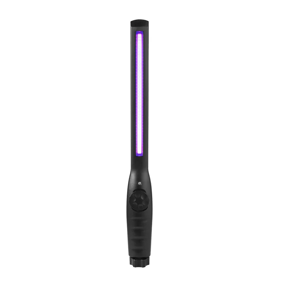 Black portable germicidal lamp with purple light, push-button switch, 3.7V, 355mm x 40mm x 35mm plastic body