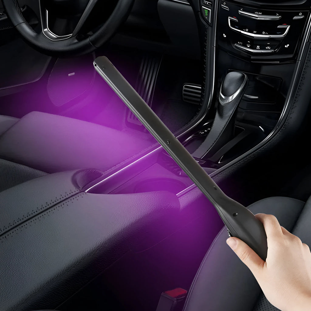 Black portable germicidal lamp with purple light, push-button switch, 3.7V, 355mm x 40mm x 35mm plastic body