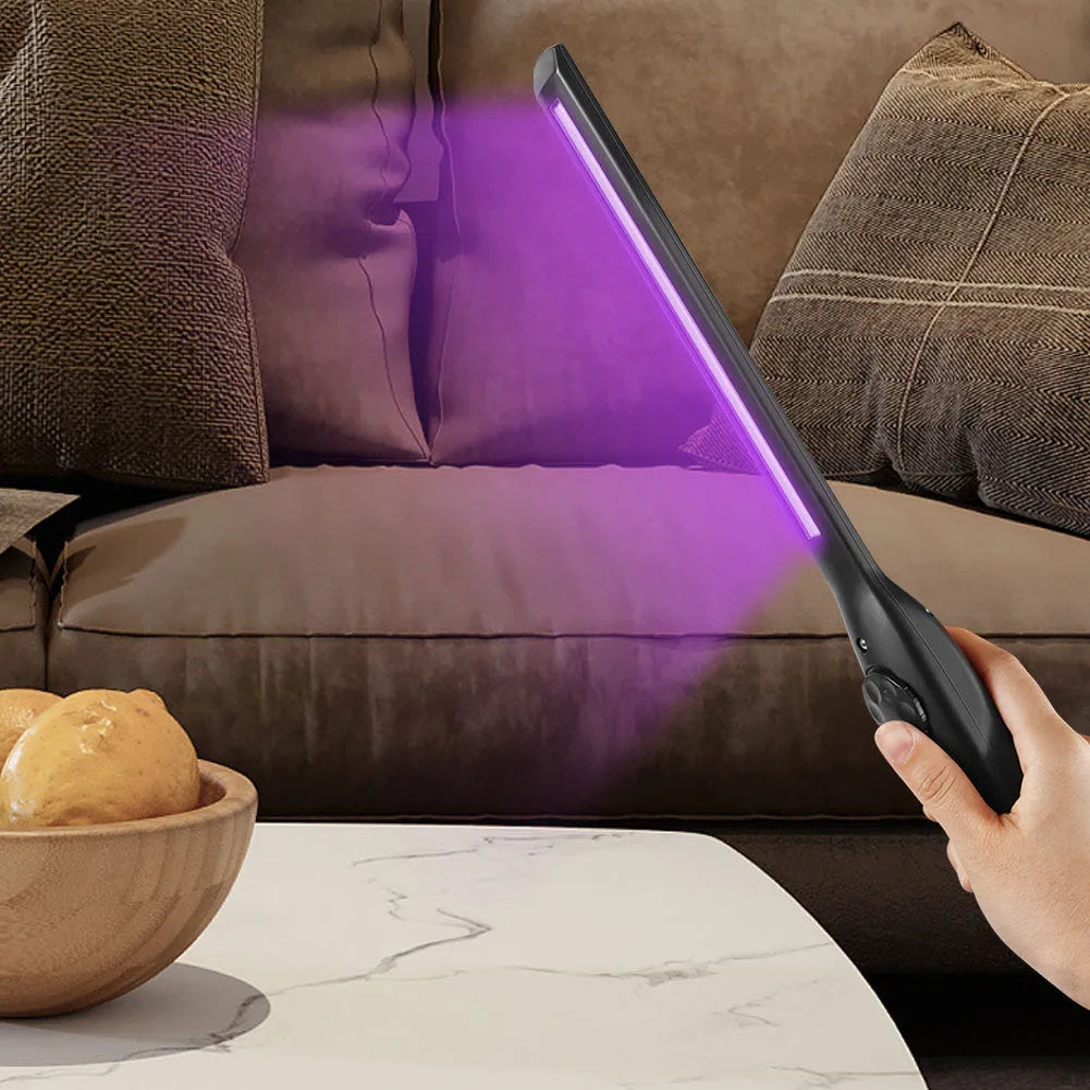 Black portable germicidal lamp with purple light, push-button switch, 3.7V, 355mm x 40mm x 35mm plastic body