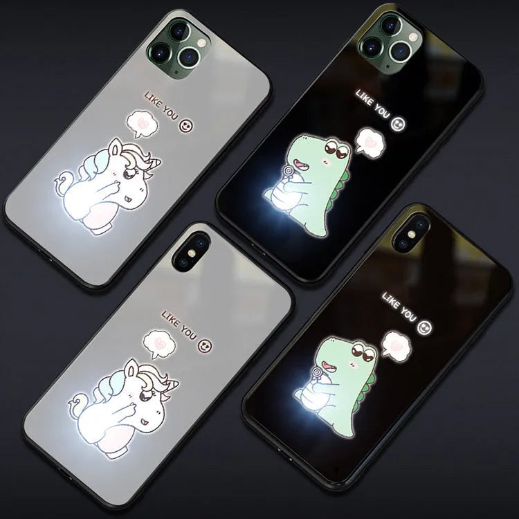 Dinosaur smart luminous tempered glass phone case for Apple iPhone with voice control light in black and blue