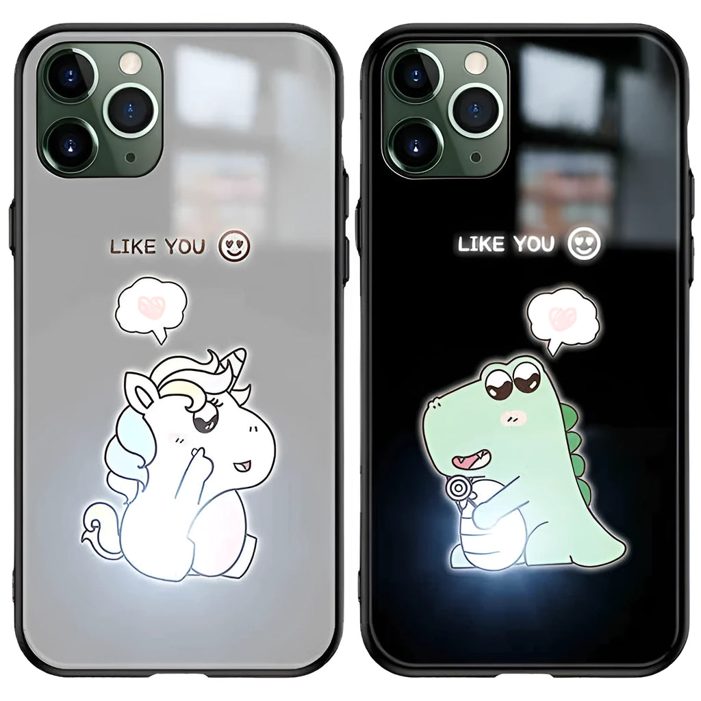 Dinosaur smart luminous tempered glass phone case for Apple iPhone with voice control light in black and blue
