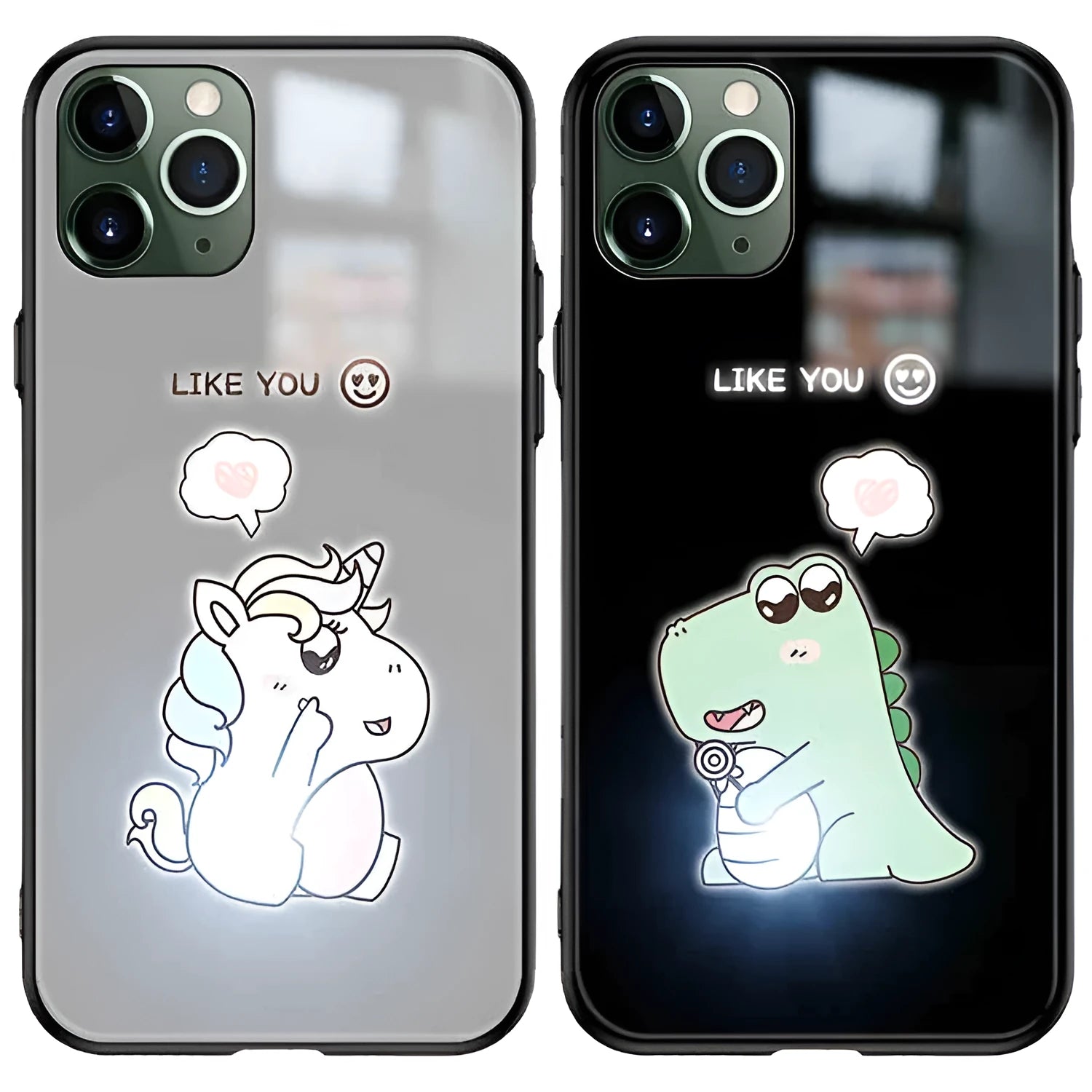 Dinosaur smart luminous tempered glass phone case for Apple iPhone with voice control light in black and blue