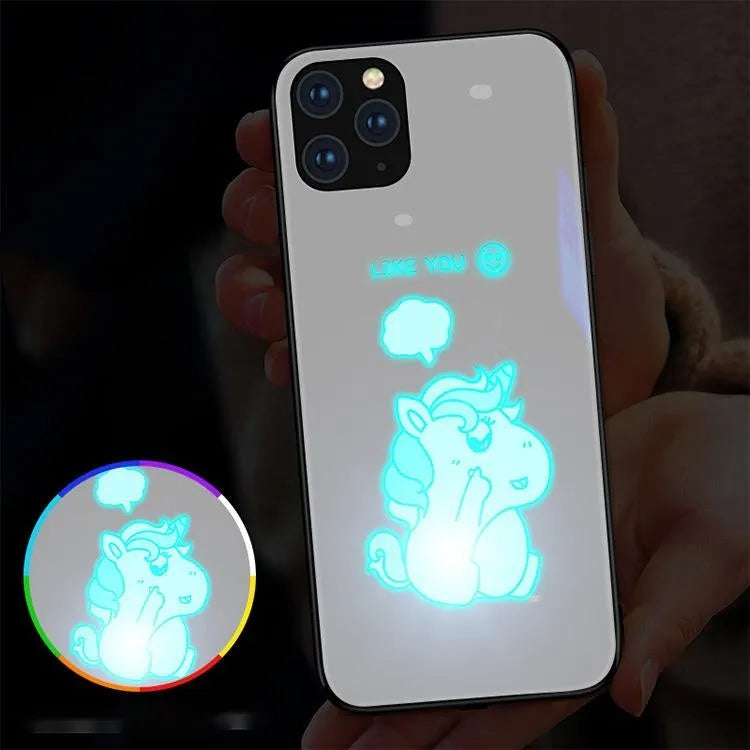Dinosaur smart luminous tempered glass phone case for Apple iPhone with voice control light in black and blue