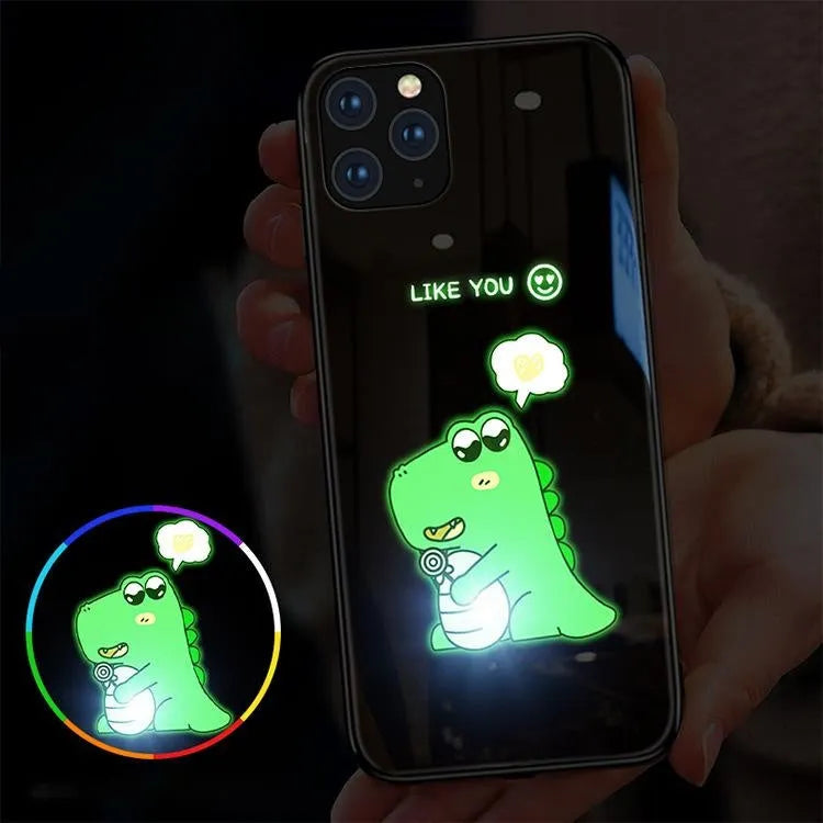 Dinosaur smart luminous tempered glass phone case for Apple iPhone with voice control light in black and blue