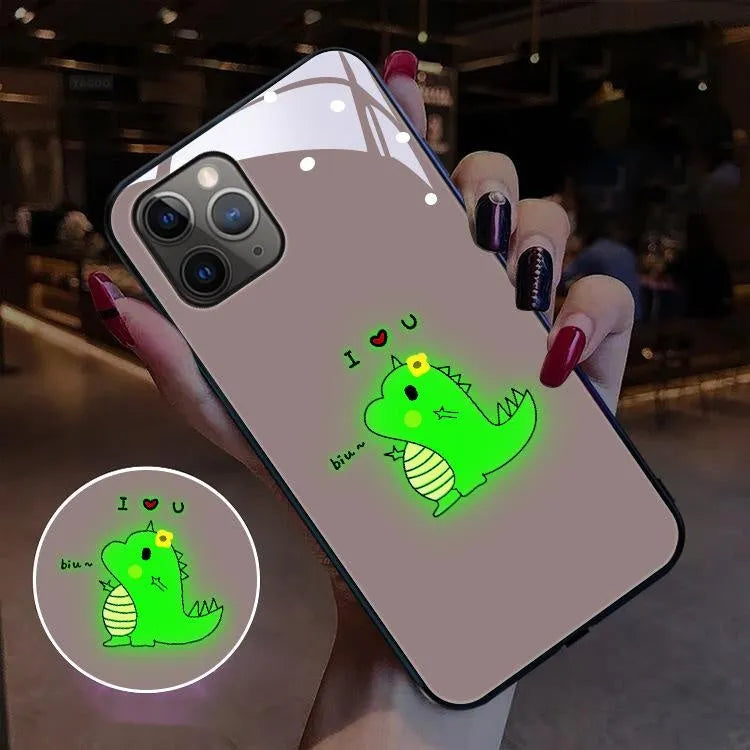 Dinosaur smart luminous tempered glass phone case for Apple iPhone with voice control light in black and blue