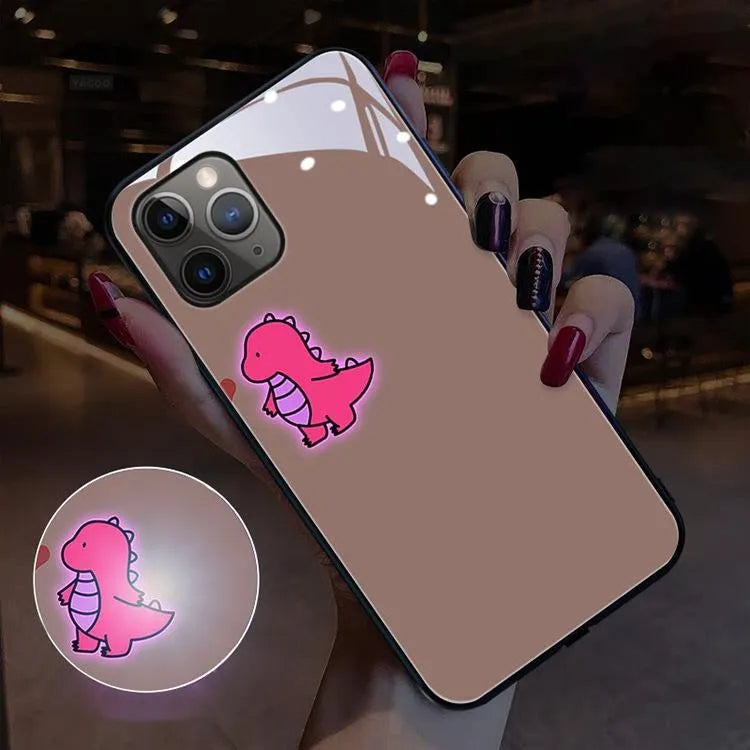 Dinosaur smart luminous tempered glass phone case for Apple iPhone with voice control light in black and blue