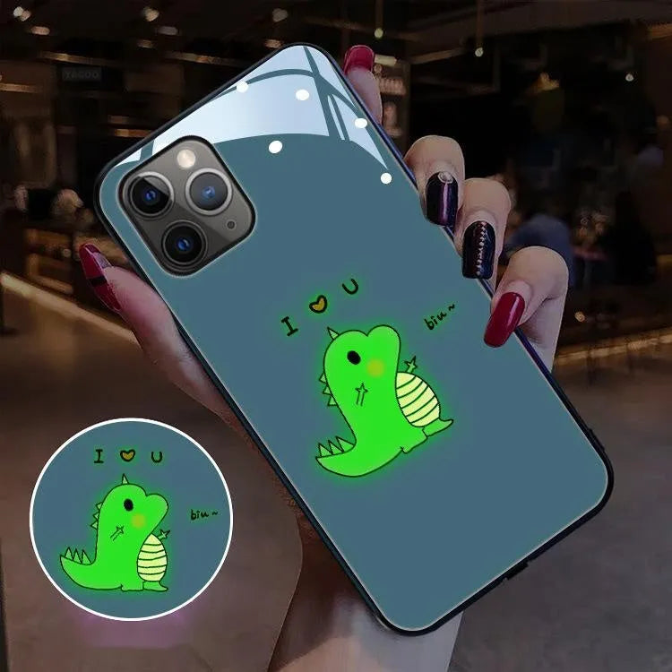 Dinosaur smart luminous tempered glass phone case for Apple iPhone with voice control light in black and blue