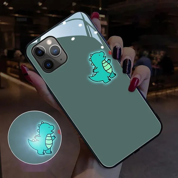 Dinosaur smart luminous tempered glass phone case for Apple iPhone with voice control light in black and blue