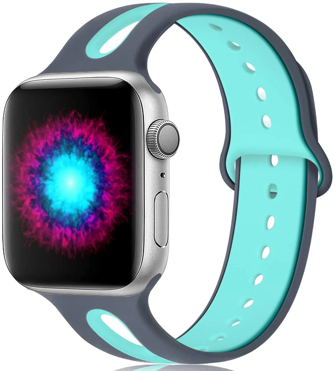 Apple Watch compatible silicone strap with 6-hole sport design in multiple colour options