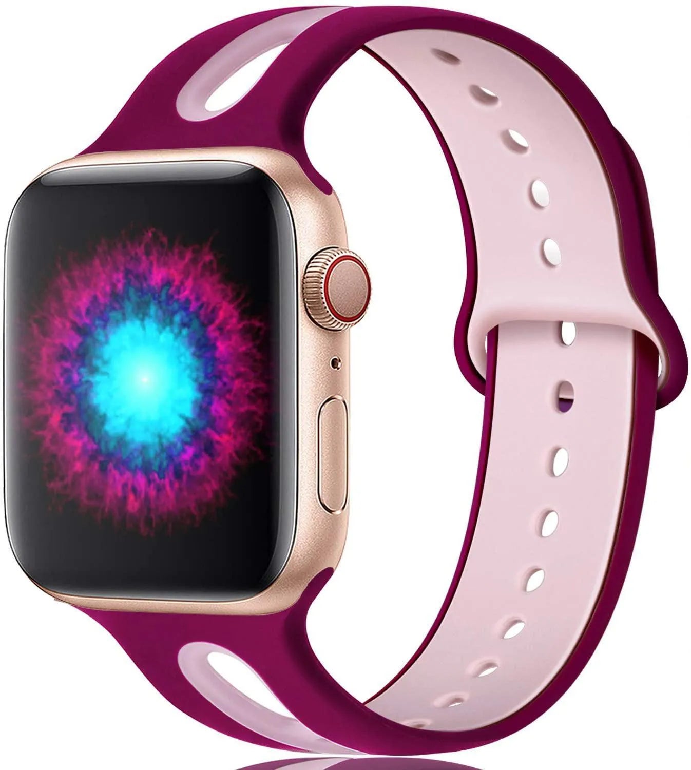 Apple Watch compatible silicone strap with 6-hole sport design in multiple colour options
