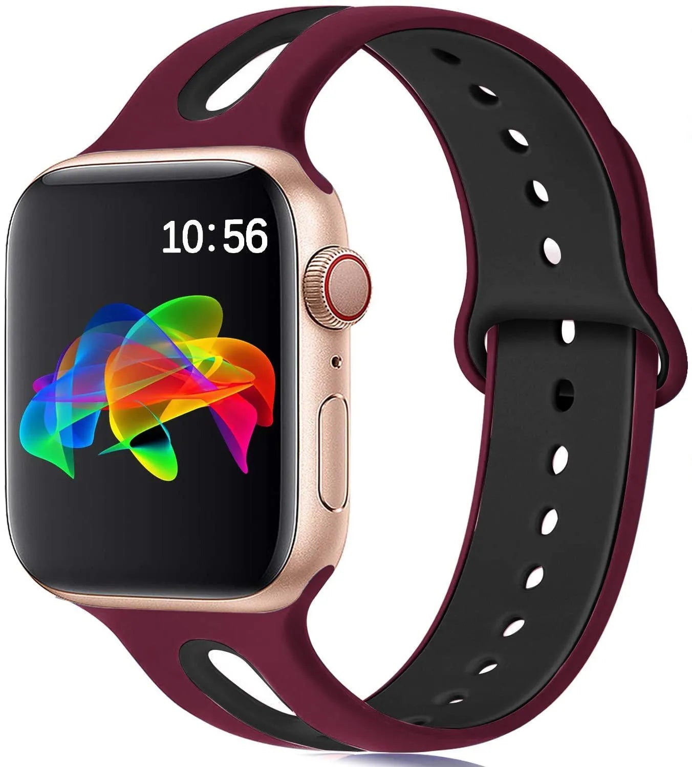 Apple Watch compatible silicone strap with 6-hole sport design in multiple colour options