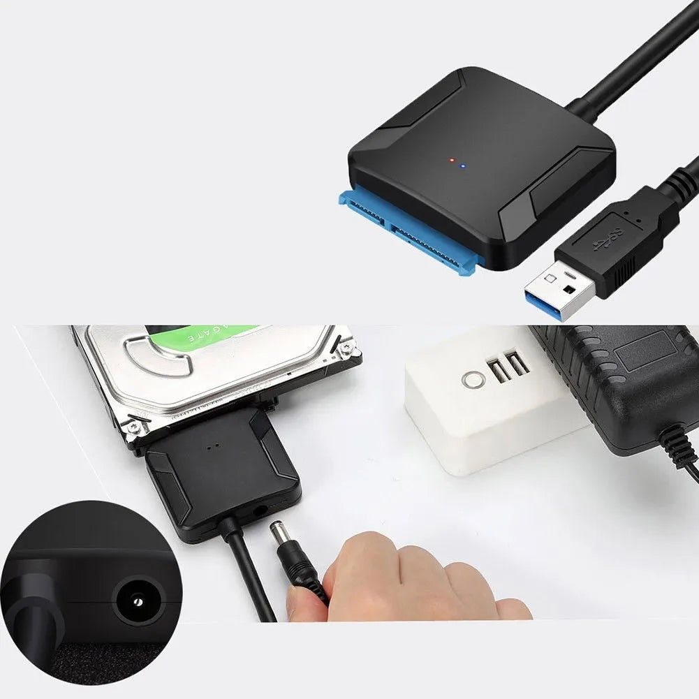 Black USB 3.0 to SATA adapter converter cable for connecting hard drives and SSDs to computer USB ports