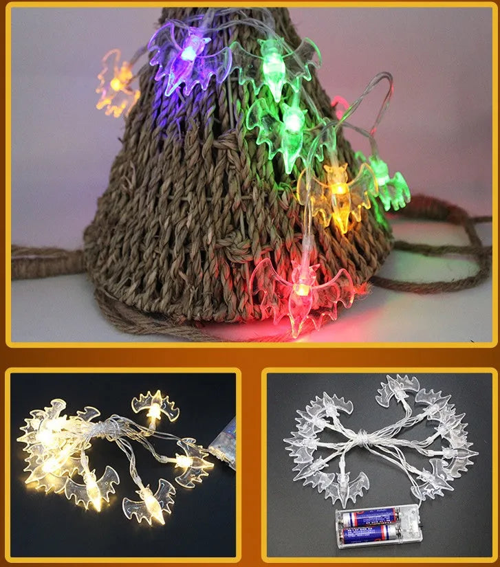 Halloween pumpkin and ghost LED string lights with battery pack and multiple pendant designs