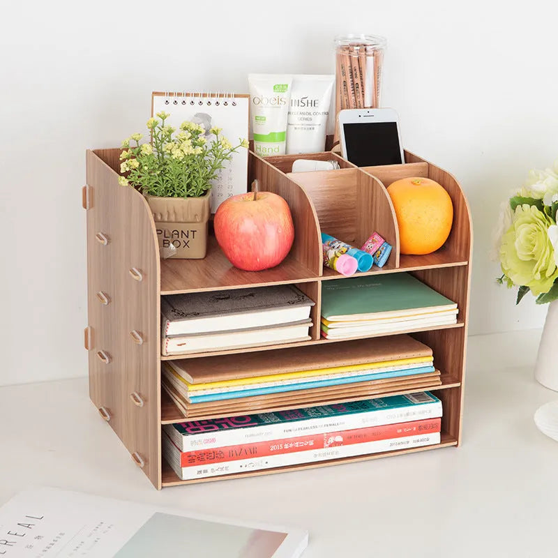 Korean style wooden desk organiser with four tiers in a choice of five colours.