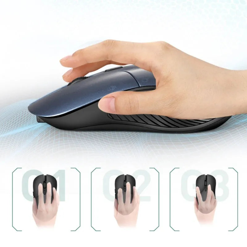 Blue wireless computer mouse with voice translation function on a desk