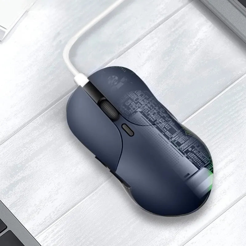 Blue wireless computer mouse with voice translation function on a desk