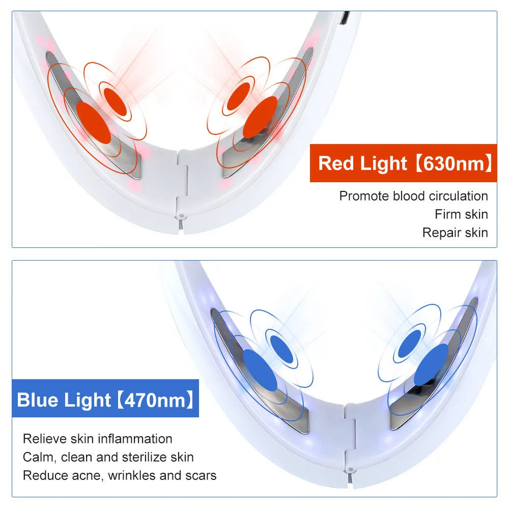 White facial lifting beauty instrument with light therapy windows and control panel.