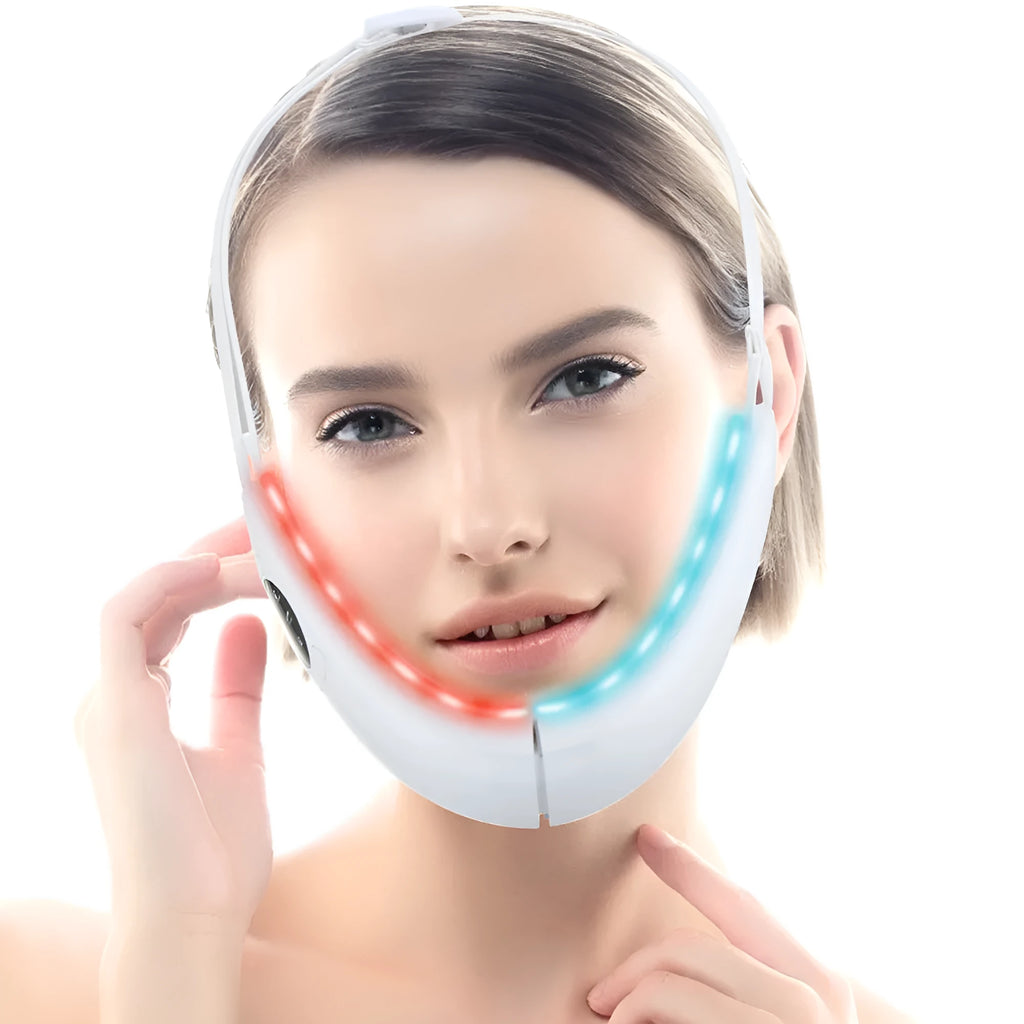 White facial lifting beauty instrument with light therapy windows and control panel.