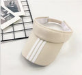 Striped wide brim sun visor beanie hat in khaki colour with no top design