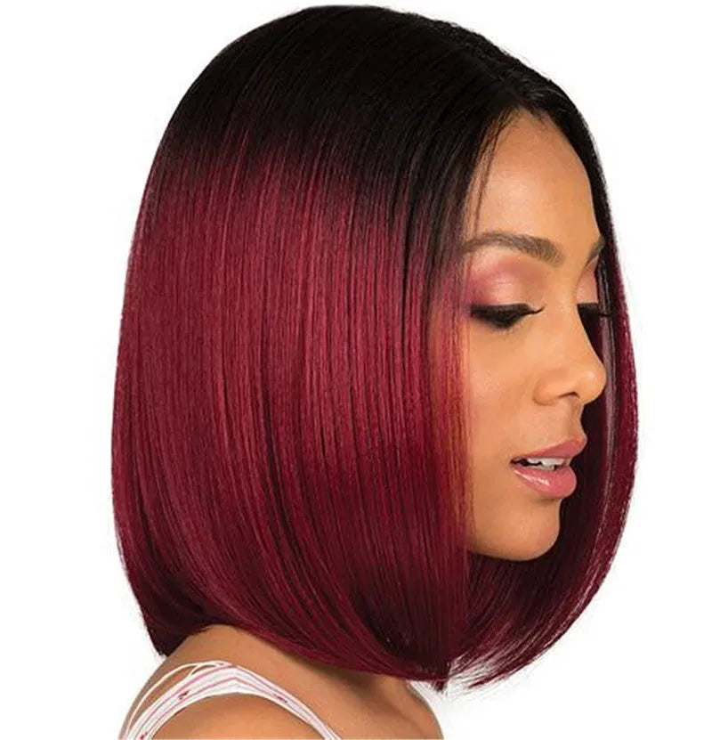 Women's short straight bobo wig black gradient burgundy high temperature wire long bangs wine red shade