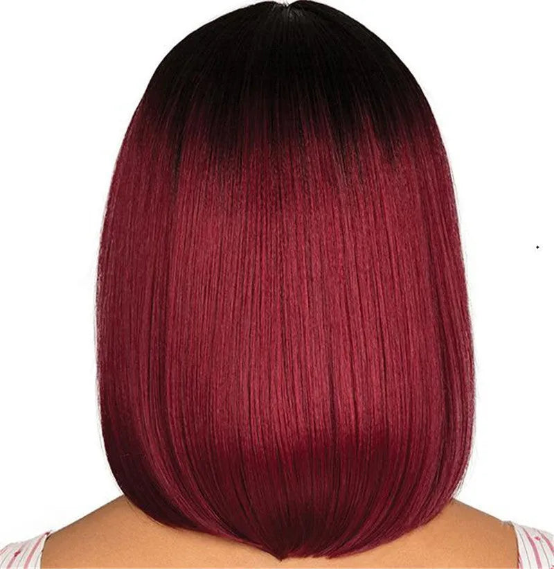 Women's short straight bobo wig black gradient burgundy high temperature wire long bangs wine red shade