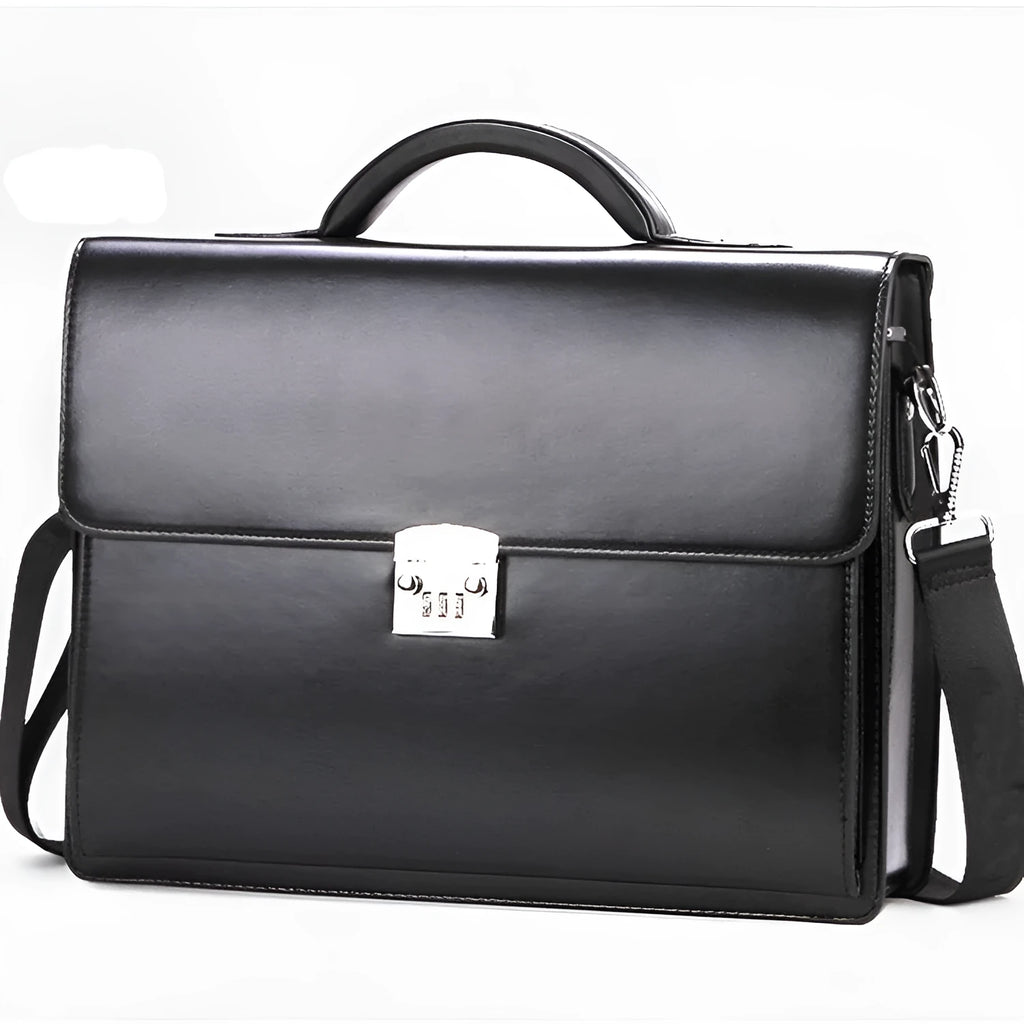 Black horizontal square PU leather men's business briefcase with zipper open showing internal organiser pockets.