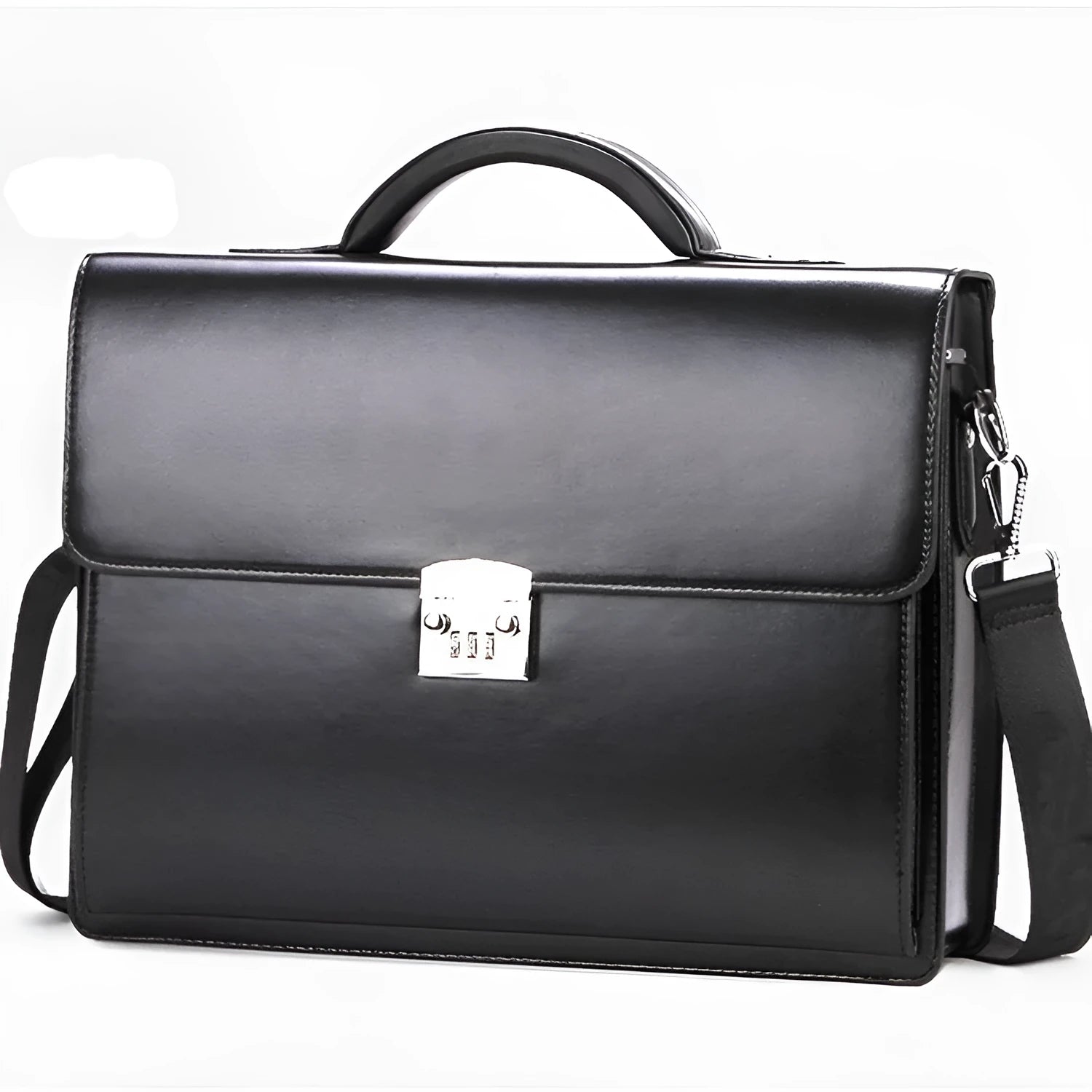 Black horizontal square PU leather men's business briefcase with zipper open showing internal organiser pockets.