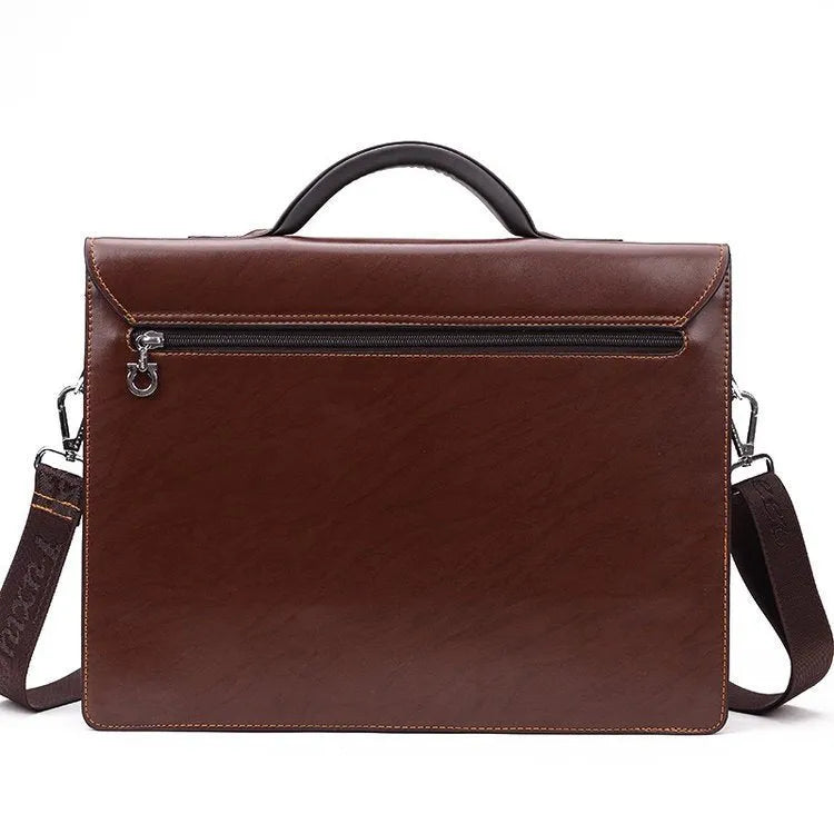 Black horizontal square PU leather men's business briefcase with zipper open showing internal organiser pockets.
