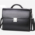 Black horizontal square PU leather men's business briefcase with zipper open showing internal organiser pockets.