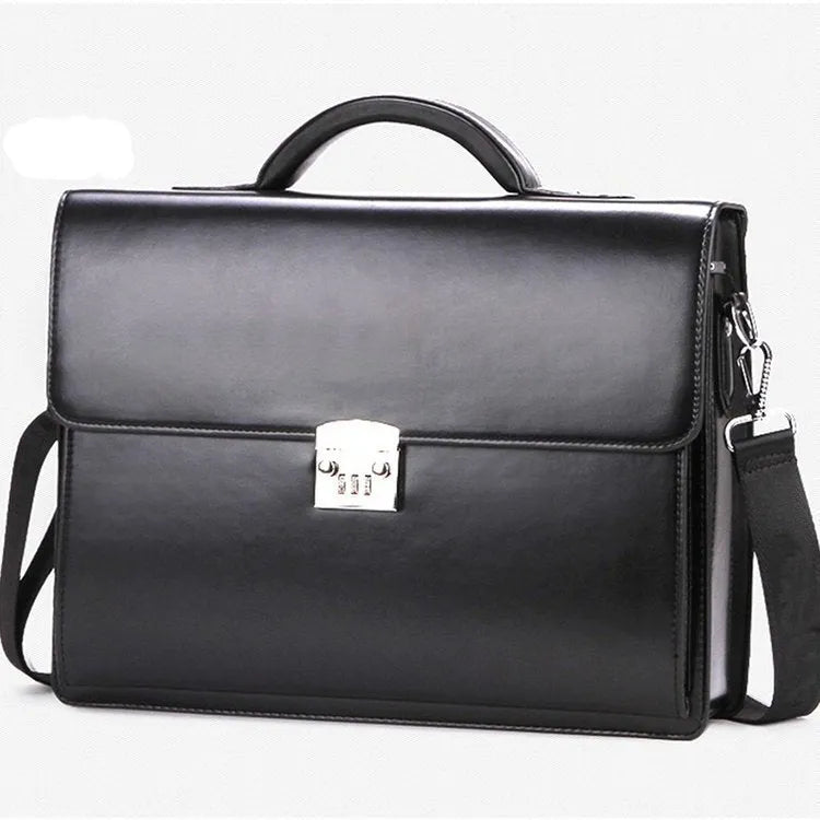 Black horizontal square PU leather men's business briefcase with zipper open showing internal organiser pockets.