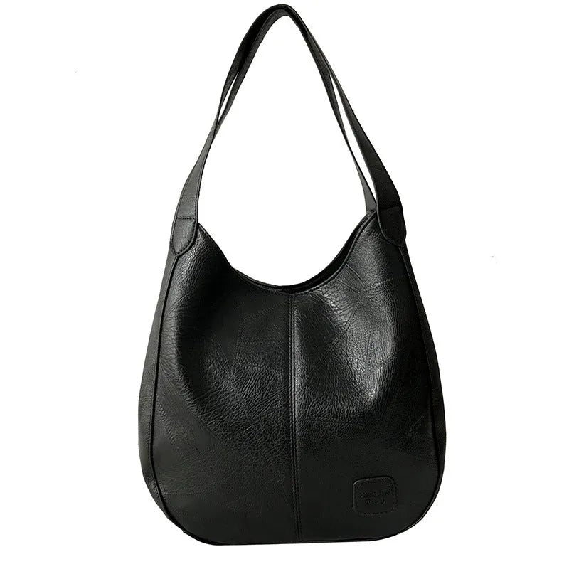 Vintage women's large PU leather shoulder bag tote in solid colour with double straps, black, brown, khaki, red options