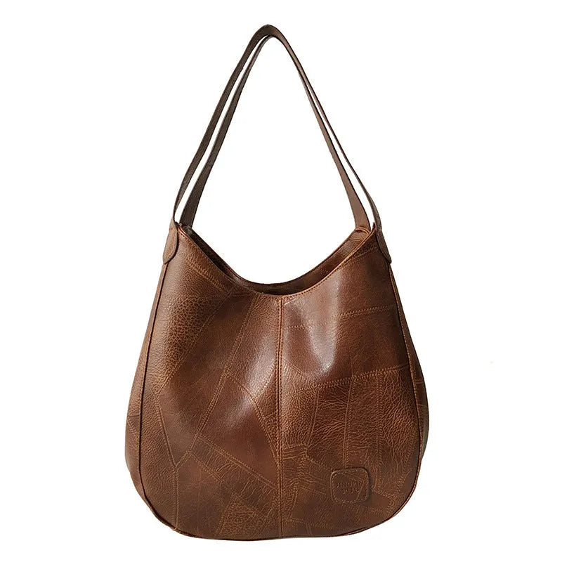 Vintage women's large PU leather shoulder bag tote in solid colour with double straps, black, brown, khaki, red options