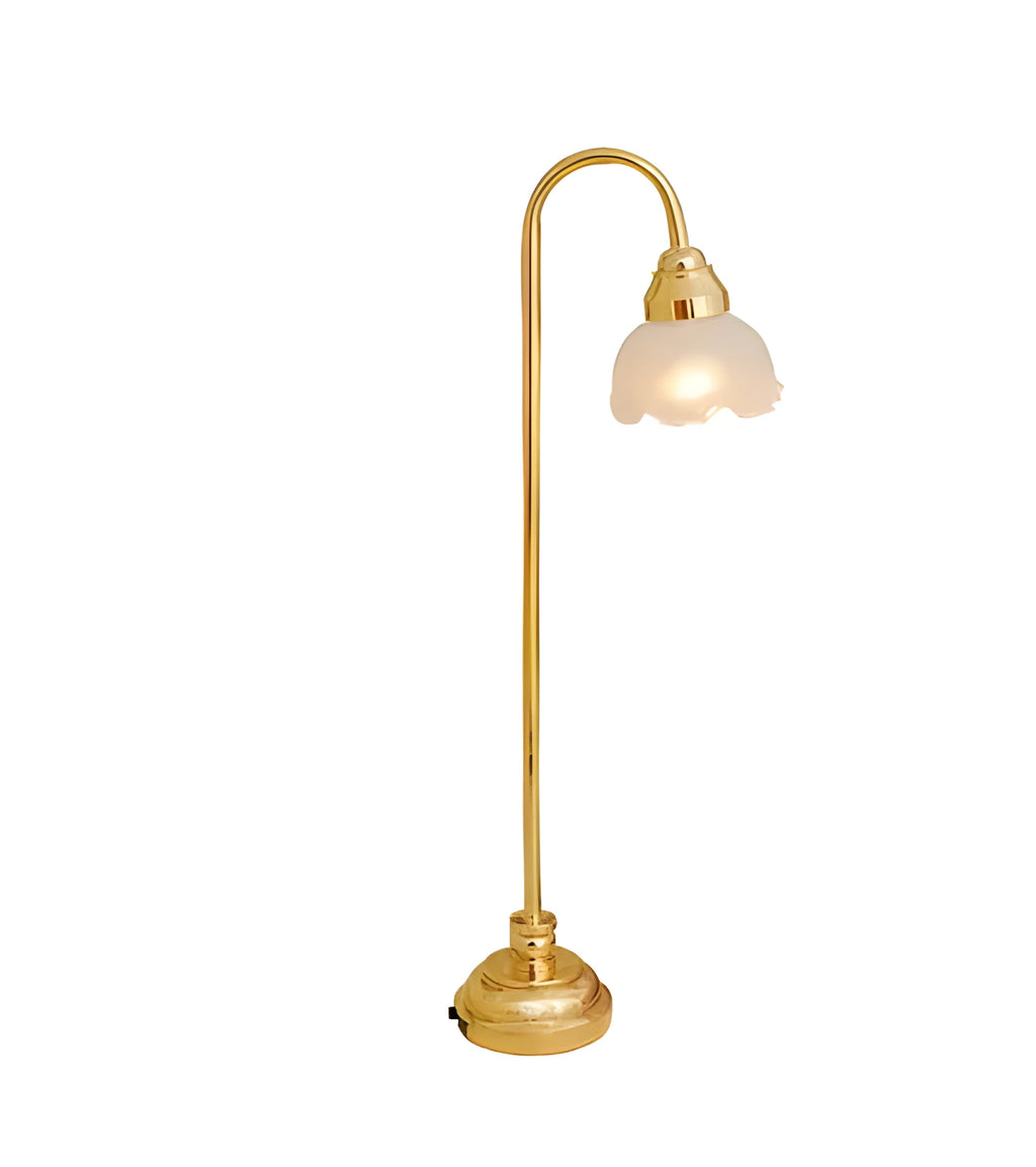 Miniature dollhouse floor lamp with flower-shaped shade and metal base for battery-powered lighting
