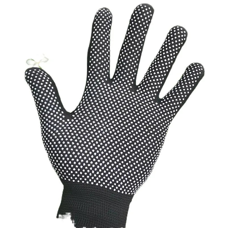 Thin non-slip polyester work gloves in black and grey for industrial use