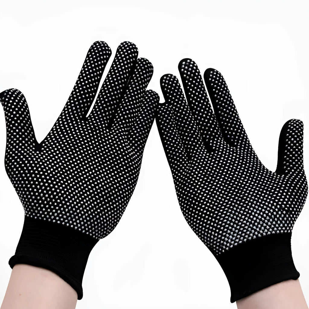 Thin non-slip polyester work gloves in black and grey for industrial use